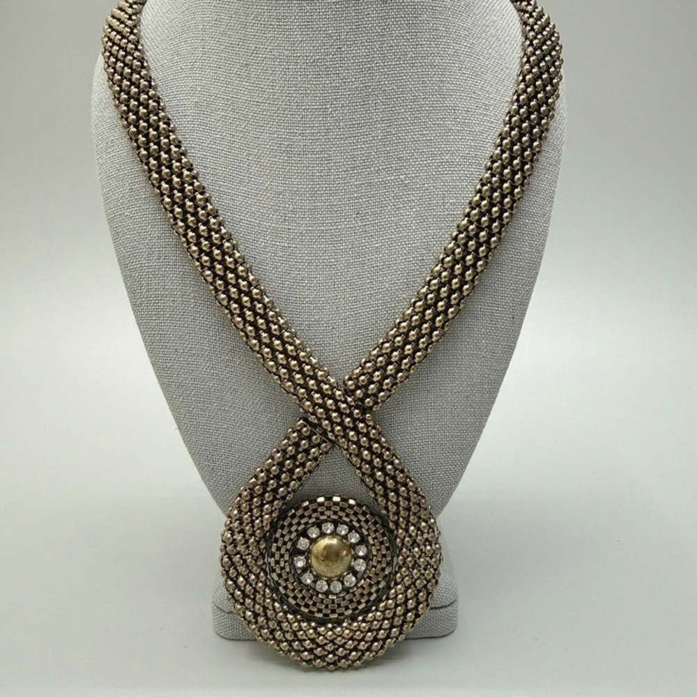 Chunky Chain Medallion Necklace 19" Brass Tone‎ Rhinestone Etruscan Revival Chic